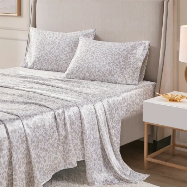 Bed Sheets-Kirkland's Home Taupe Leopard Print Satin 4-Pc. Queen Sheet Set White/Tan