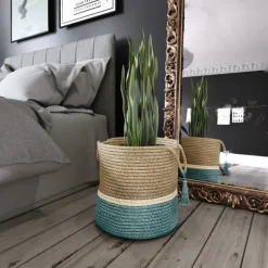 Baskets & Boxes-Kirkland's Home Teal Off White Woven Basket With Tassel, 17 In. Blue/Tan