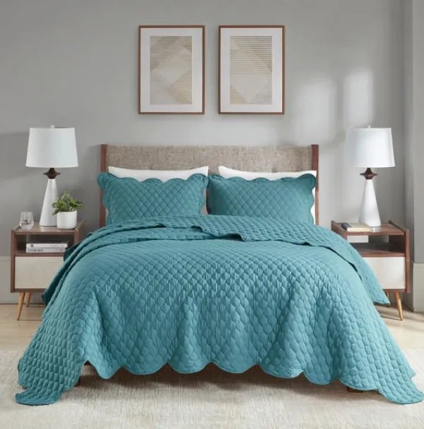 Quilts-Kirkland's Home Teal Scalloped Crinkle 3-Pc. Full/Queen Quilt Set Blue