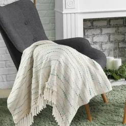 Blankets & Throws-Kirkland's Home Teal Shimmer Stripe Woven Throw Blue/White/Tan