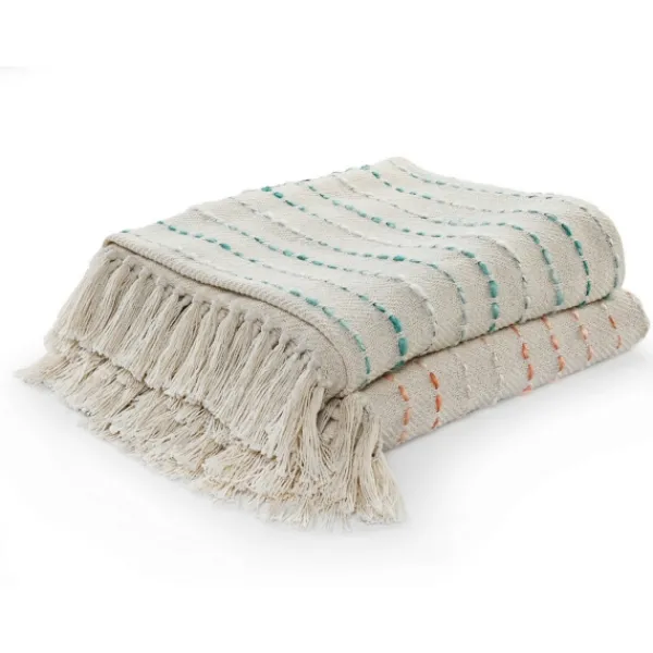 Blankets & Throws-Kirkland's Home Teal Shimmer Stripe Woven Throw Blue/White/Tan