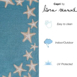 Outdoor Rugs-Kirkland's Home Teal Starfish Border Outdoor Area Rug, 5X7 Blue/Tan/White