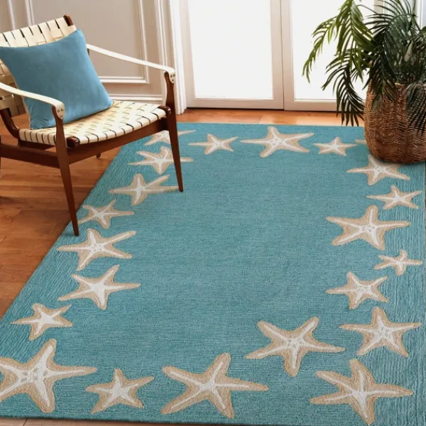 Outdoor Rugs-Kirkland's Home Teal Starfish Border Outdoor Area Rug, 5X7 Blue/Tan/White