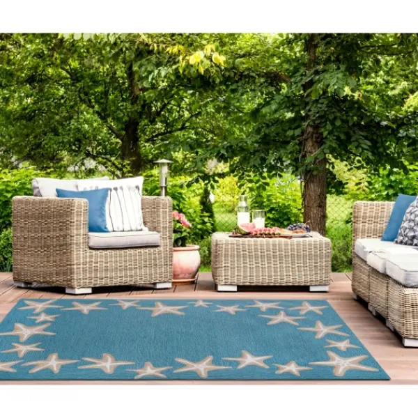 Outdoor Rugs-Kirkland's Home Teal Starfish Border Outdoor Area Rug, 5X7 Blue/Tan/White