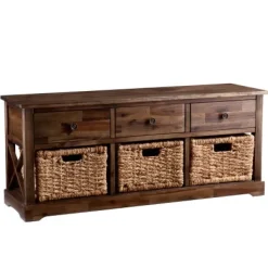 Entryway Furniture-Kirkland's Home Tommy Wood And Woven Baskets Storage Bench Brown