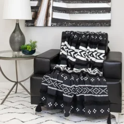 Blankets & Throws-Kirkland's Home Tribal Tufted Stripe Throw Black