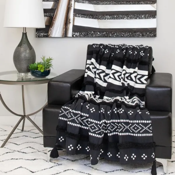 Blankets & Throws-Kirkland's Home Tribal Tufted Stripe Throw Black