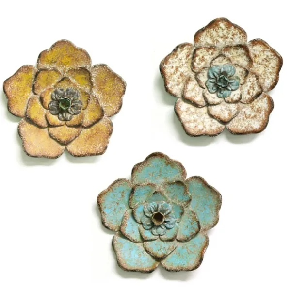 Wall Plaques-Kirkland's Home Tri-Colored Rustic Flower Wall Plaques, Set Of 3 Blue/White/Yellow