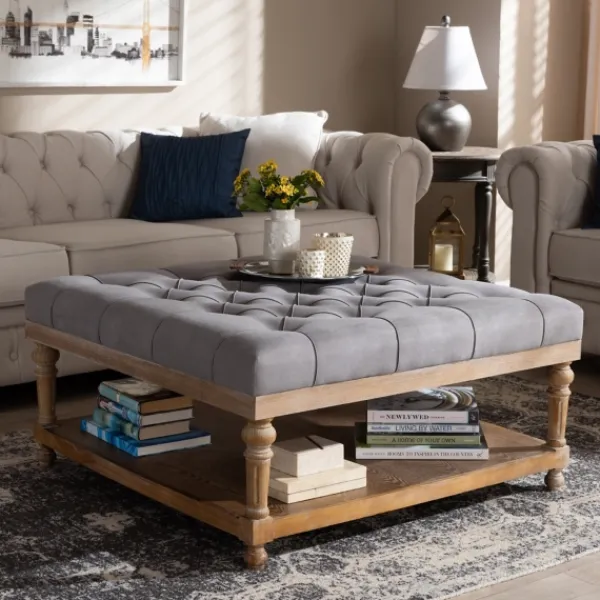 Benches & Ottomans-Kirkland's Home Upholstered Linen Tufted Ottoman With Shelf Gray