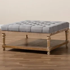 Benches & Ottomans-Kirkland's Home Upholstered Linen Tufted Ottoman With Shelf Gray