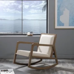 Accent Chairs-Kirkland's Home Upholstered Linen Wood Rocker Accent Chair Ivory