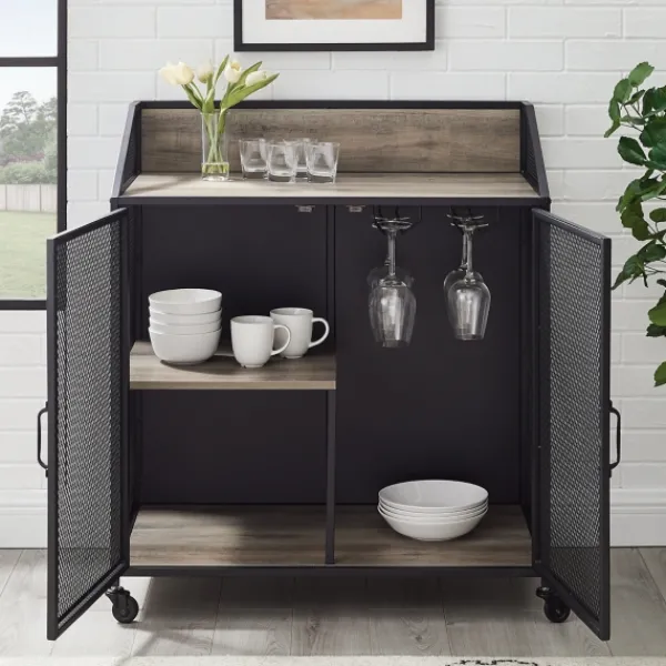 Cabinets & Sideboards-Kirkland's Home Urban Mesh Door Rolling Bar Cabinet Gray