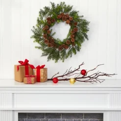 Wreaths-Kirkland's Home Uv-Safe Cedar Grass And Pine Cone Wreath Green/Brown