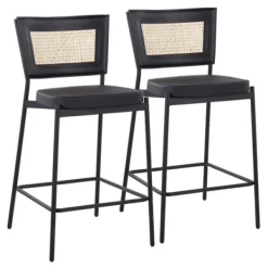Bar Stools & Counter Height Stools-Kirkland's Home Vegan Leather And Rattan Counter Stools, Set Of 2 Black/Tan