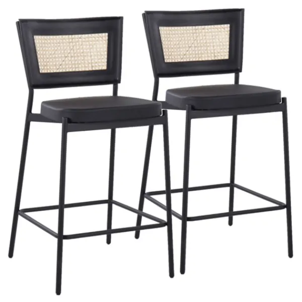 Bar Stools & Counter Height Stools-Kirkland's Home Vegan Leather And Rattan Counter Stools, Set Of 2 Black/Tan
