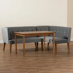 Dining Sets-Kirkland's Home Velvet And Walnut Bench 4-Pc. Dining Set Gray