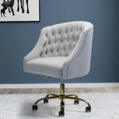 Office Furniture-Kirkland's Home Velvet Tufted Gold Leg Swivel Office Chair Gray