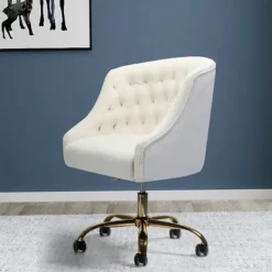 Office Furniture-Kirkland's Home Velvet Tufted Golden Leg Swivel Office Chair Ivory