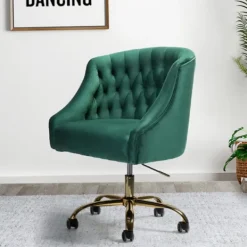 Office Furniture-Kirkland's Home Velvet Tufted Golden Leg Swivel Office Chair Green