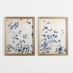 Framed Art-Kirkland's Home Vintage Blue Leaf Ii Framed Art Print Blue/Tan