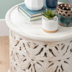 Accent & End Tables-Kirkland's Home Vintage Wood Carved Birds Accent Table White