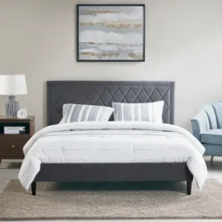 Beds & Headboards-Kirkland's Home Viv Charcoal Diamond Tufted Queen Bed Frame Gray