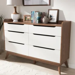 Dressers & Chests-Kirkland's Home Walnut And White Mid-Century Modern Dresser
