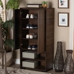 Entryway Furniture-Kirkland's Home Walnut Asymmetrical Shoe Storage Cabinet Brown