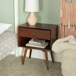Nightstands-Kirkland's Home Walnut 1-Drawer Mid Century Nightstand Brown