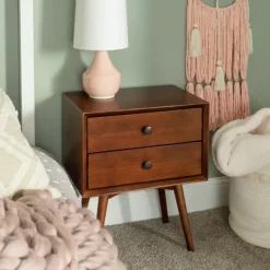 Nightstands-Kirkland's Home Walnut 2-Drawer Mid-Century Modern Nightstand Brown