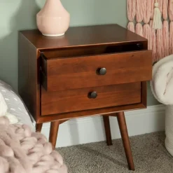 Nightstands-Kirkland's Home Walnut 2-Drawer Mid-Century Modern Nightstand Brown