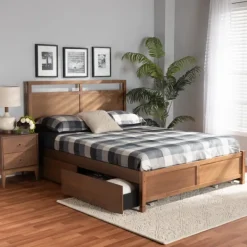 Beds & Headboards-Kirkland's Home Walnut 4-Drawer Queen Bed Frame With Headboard Brown