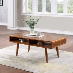 Coffee Tables-Kirkland's Home Walnut Mid-Century Modern Solid Wood Coffee Table Brown