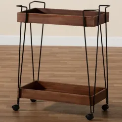 Kitchen Islands & Bar Carts-Kirkland's Home Walnut Paulownia 2-Tier Tray Bar Cart
