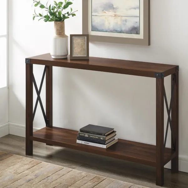 Console Tables-Kirkland's Home Walnut Rustic Farmhouse X-Frame Console Table Brown