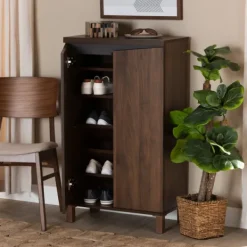 Entryway Furniture-Kirkland's Home Walnut Slim Shoe Storage Cabinet Brown