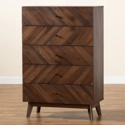 Cabinets & Sideboards-Kirkland's Home Walnut Wood Grain 5-Drawer Chest Brown