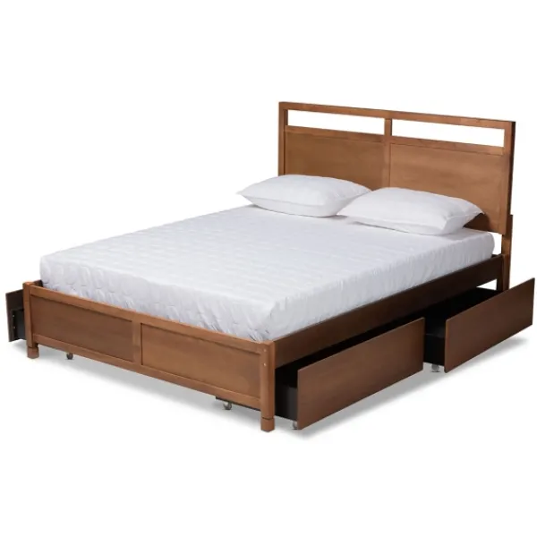 Beds & Headboards-Kirkland's Home Walnut Wood Headboard 4-Drawer Full Platform Bed Brown
