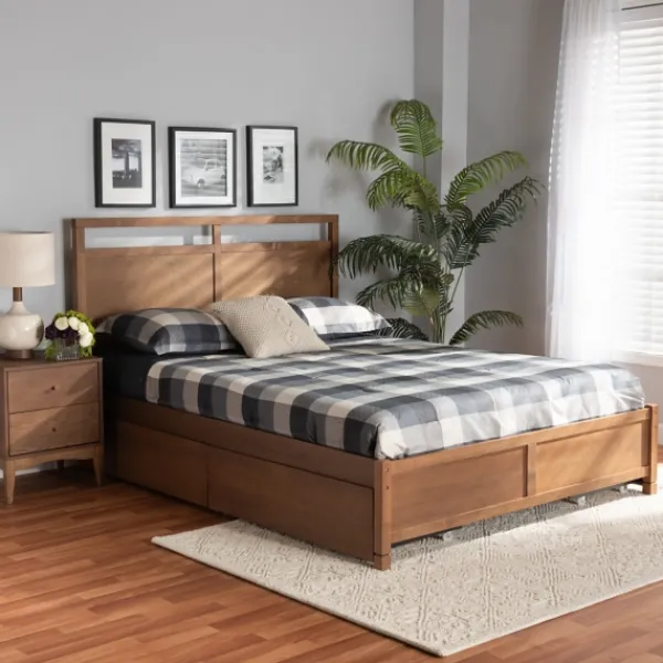 Beds & Headboards-Kirkland's Home Walnut Wood Headboard 4-Drawer Full Platform Bed Brown
