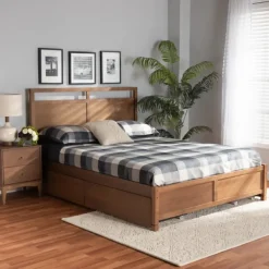 Beds & Headboards-Kirkland's Home Walnut Wood Headboard 4-Drawer King Platform Bed Brown