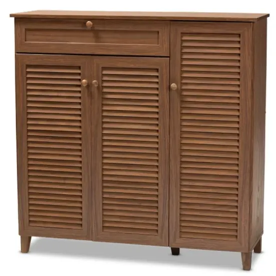 Entryway Furniture-Kirkland's Home Walnut Wood 11-Shelf Paneled Shoe Cabinet Brown