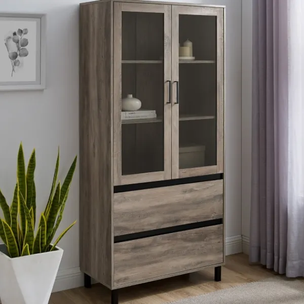Cabinets & Sideboards-Kirkland's Home Wash Glass Door Storage Hutch Gray