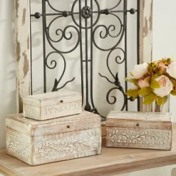 Baskets & Boxes-Kirkland's Home Washed Floral Carved Wood Boxes, Set Of 3 White