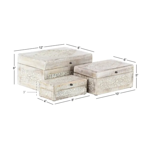 Baskets & Boxes-Kirkland's Home Washed Floral Carved Wood Boxes, Set Of 3 White
