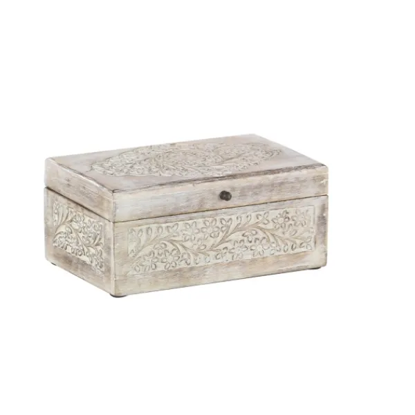 Baskets & Boxes-Kirkland's Home Washed Floral Carved Wood Boxes, Set Of 3 White