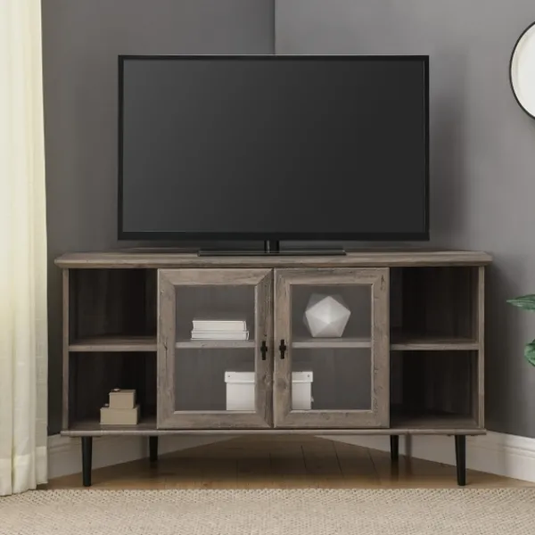 Tv Stands & Media Consoles-Kirkland's Home Washed Glass Door Corner Tv Stand Gray