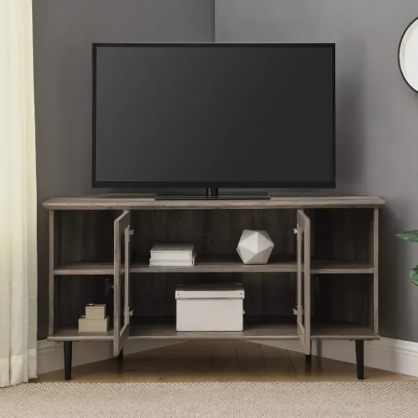 Tv Stands & Media Consoles-Kirkland's Home Washed Glass Door Corner Tv Stand Gray