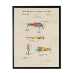 Framed Art-Kirkland's Home Watercolor Fish And Lure Patent Framed Art Print Multi