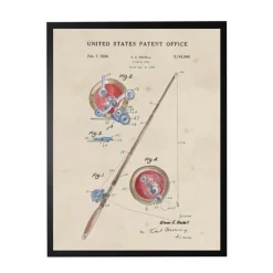 Framed Art-Kirkland's Home Watercolor Fishing Rod Patent Framed Art Print Red/Tan