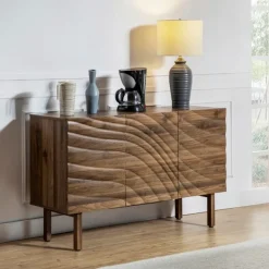 Cabinets & Sideboards-Kirkland's Home Wavy Wood 3-Door Sideboard Cabinet Brown